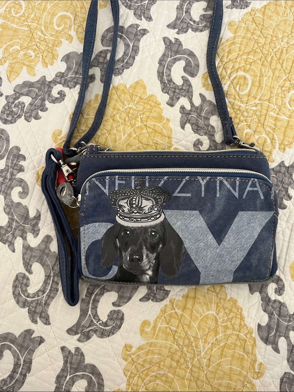Fuzzy Nation Navy Dachshund Graphic Crossbody Wristlet